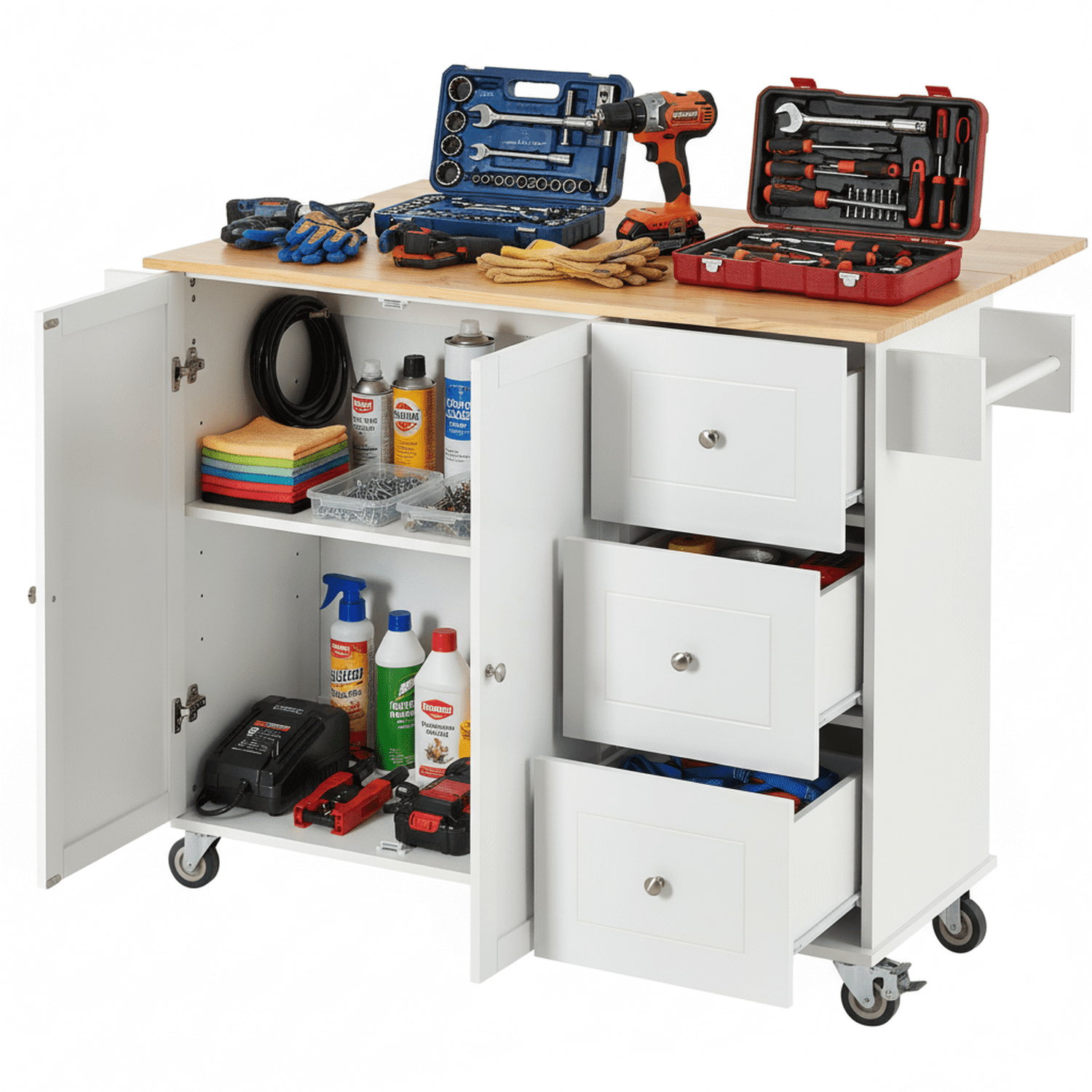 Homy Casa Rolling Garage Storage Cabinet, 52.7" Mobile Utility Workbench with Drawers and Doors