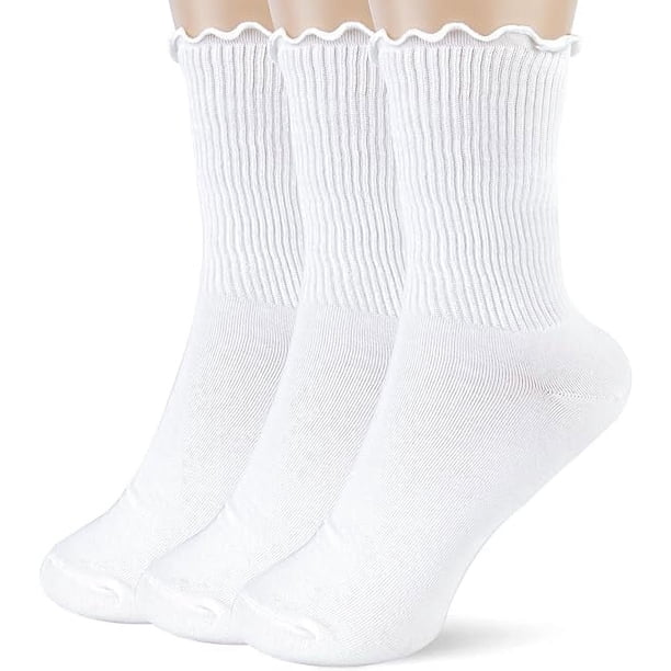Zhuge pares de calcetines de algodón para mujer, calcetines con puños con volantes, calcetines casuales con volantes (blancos)