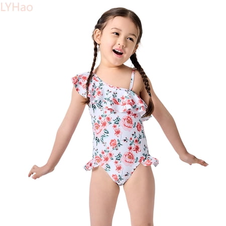 LYHao Girls Swimwear 2 8 Years Floral Print Bathing Suit With Ruffled Straps For Outdoor Summer Swimming One-Piece Swimwear 3-4 Years Red