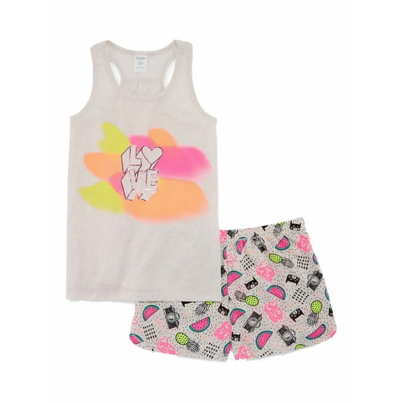Girls Rainbow Love Pajamas Kitty Cat Hearts Shorts & Tank Top Sleep Set