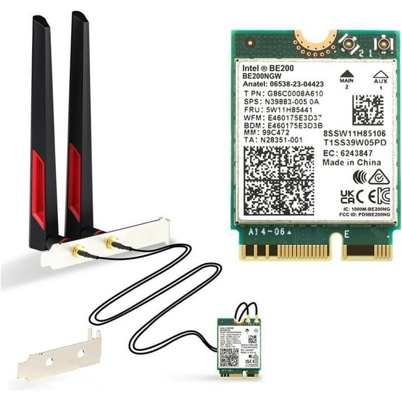 BE200 Bluetooth 5.4 Wi-Fi 7 Card BE200NGW Desktop Kit 2.4/5/6 GHz 802.11BE 8774Mbps Wrieless Adapter for Windows 11 Desktop PC with Antennas Not Support AMD Motherboards