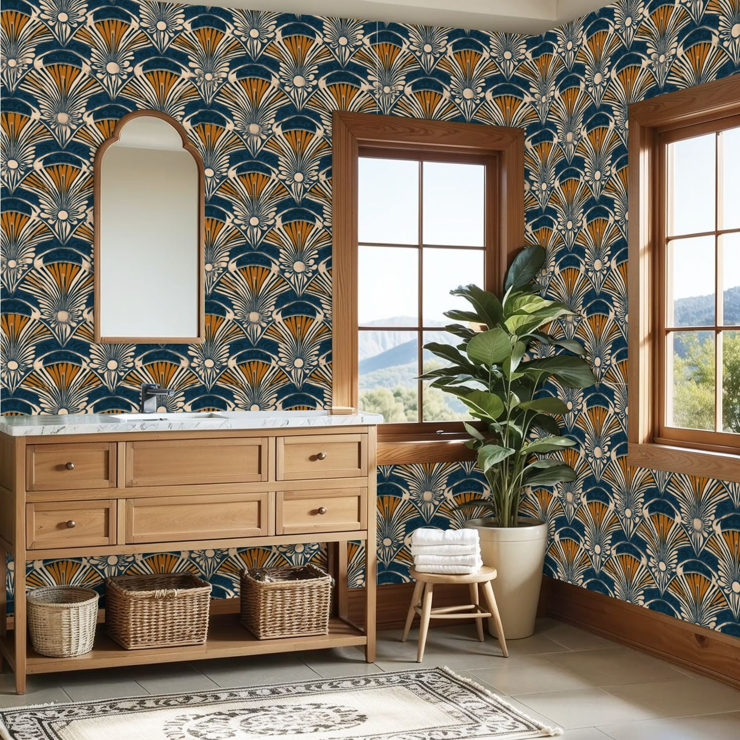 Vintage Peel and Stick Wallpaper Art Deco Fan Navy Blue Gold Geometric Floral Wall Mural 23.6in x 9.8ft Self Adhesive Removable Wall Paper Renter Friendly Wallpaper for Nursery Bedroom Cabinets
