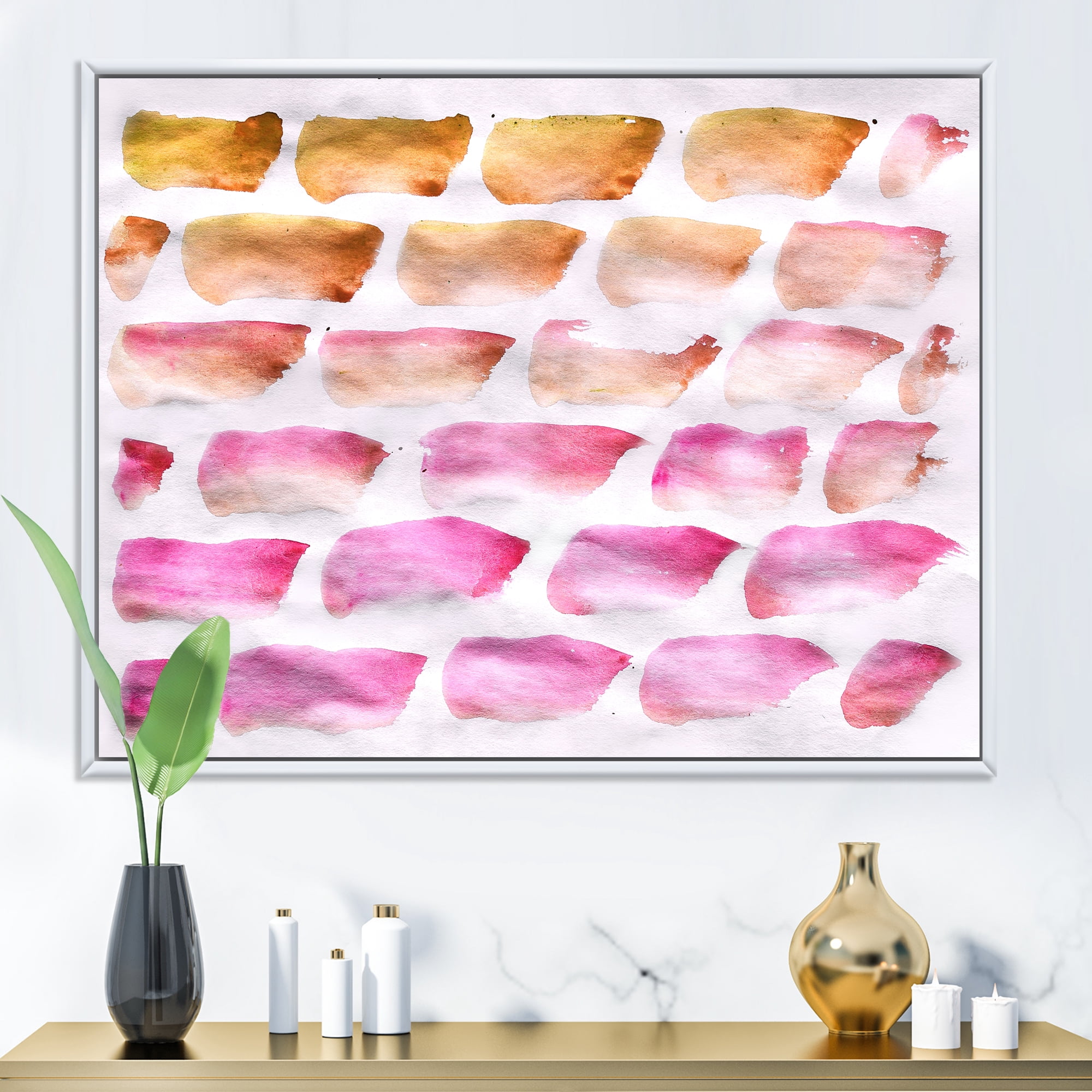 Designart 'Dark Yellow and Pink Abstracts Brushes' Modern Framed Canvas Wall Art Print
