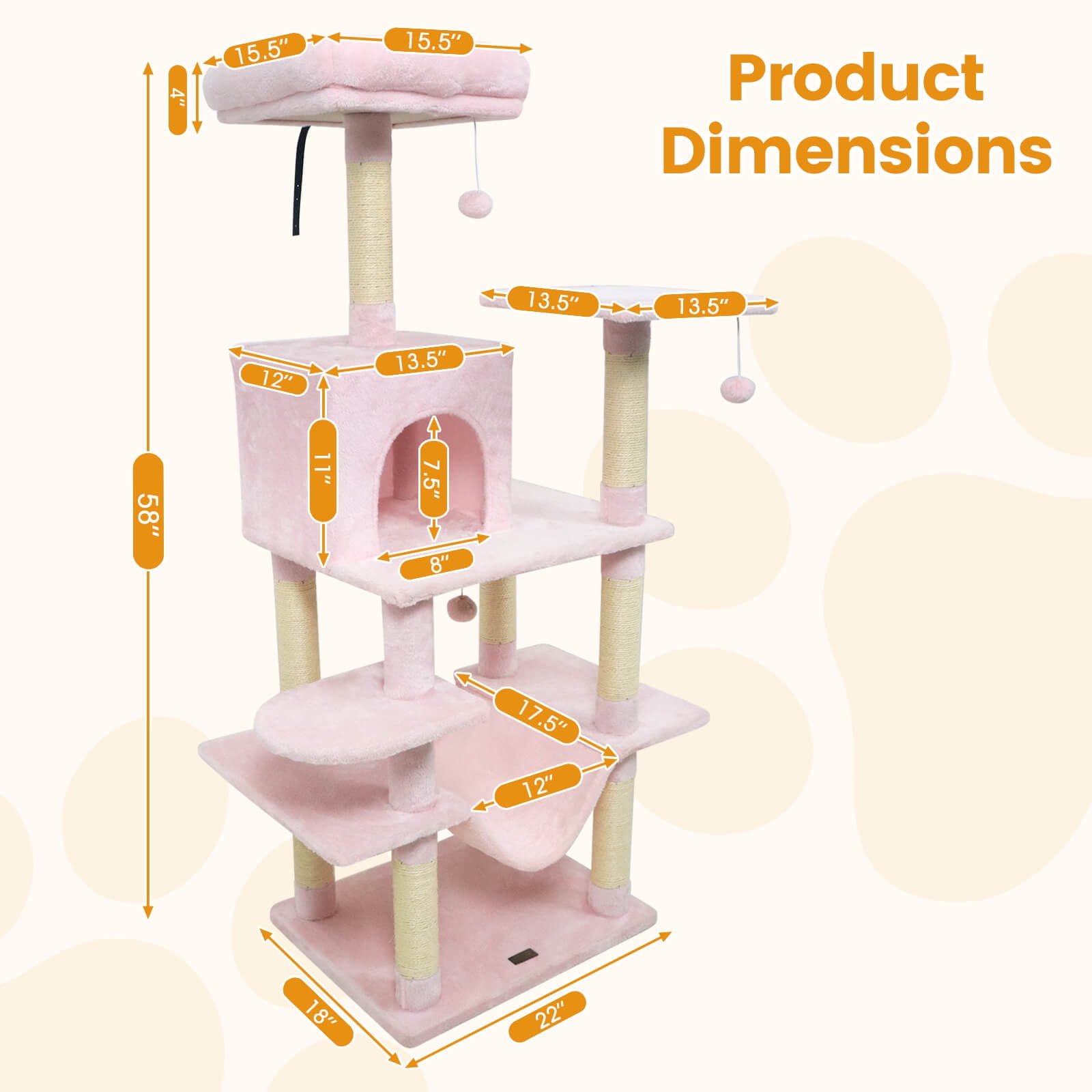 Costway 58” Tall Multi-level Cat Tree with Upholstered Perch & Cat Condo, Comfy Hammock Pink