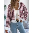 thumbnail image 4 of Womens Long Sleeve Striped Cardigan Sweaters Striped Cropped Button Fall Trendy Open Front Knit Sweater Coats Wine Red L, 4 of 8