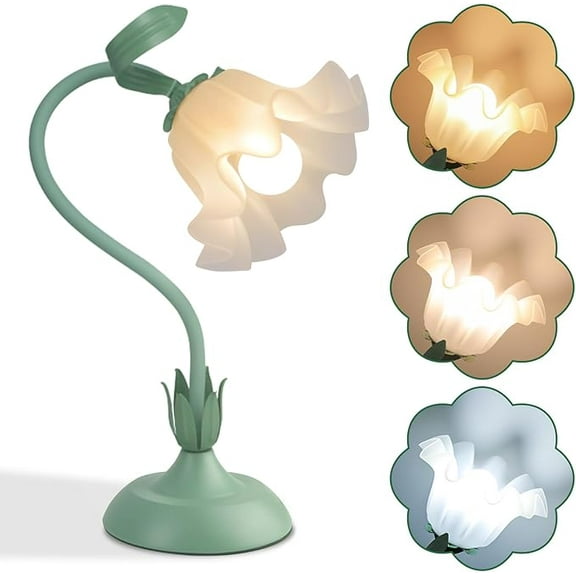 Flower Desk Lamp,LED Reading Light Bedside Vintage Flower Night Light,3 Colors Modes Cute Bedside Lamps Decor,Living Room Bedroom Room Kawaii Lighting Table Lamps Home Decoration (Green)