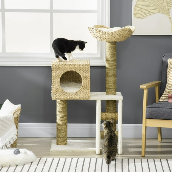 PawHut Cattail Weave Cat Tree for Indoor Cats with Rattan Cat Condo, Bed