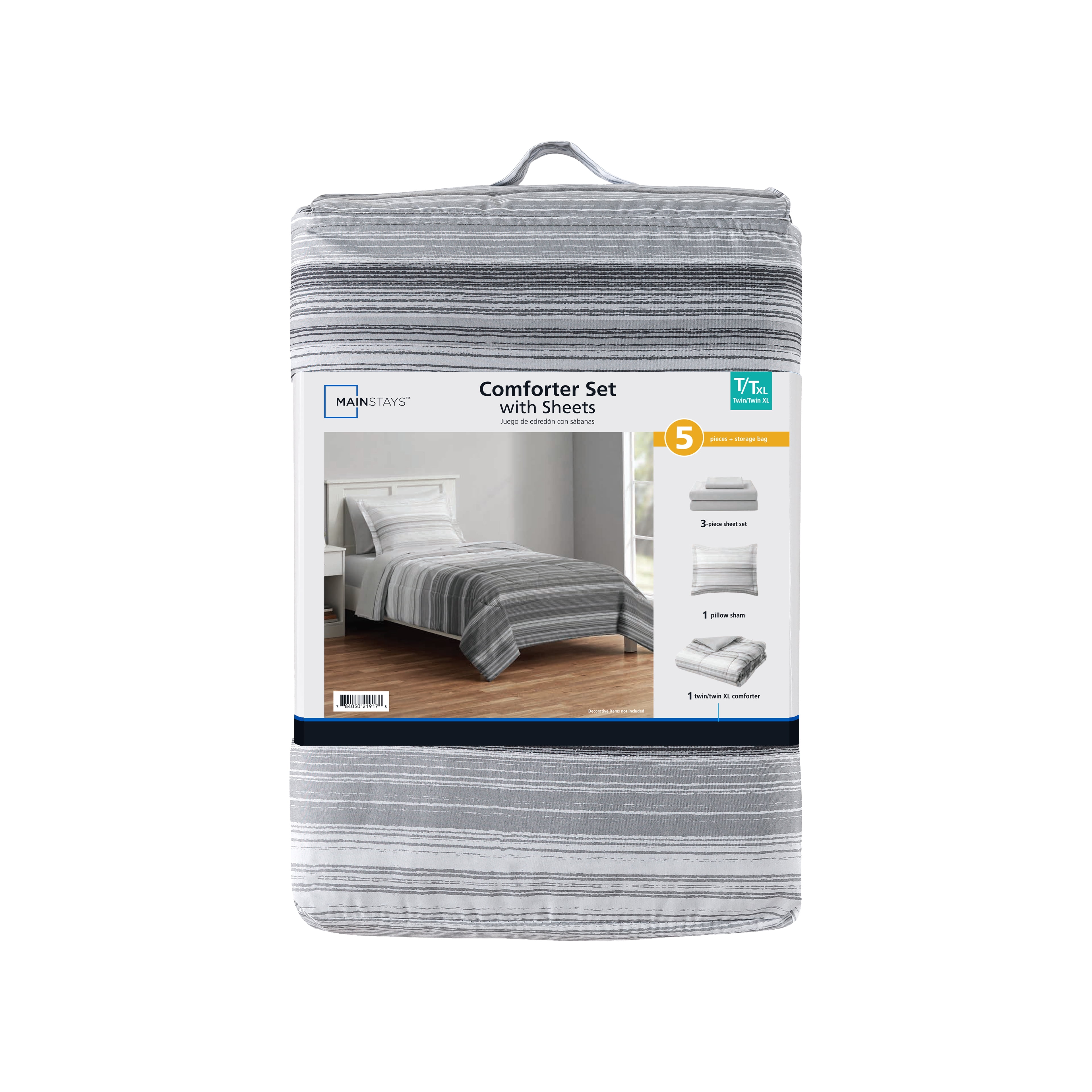 Mainstays All in One Reversible Comforter and Sheet set- 5 Piece, Twin, Grey Stripe