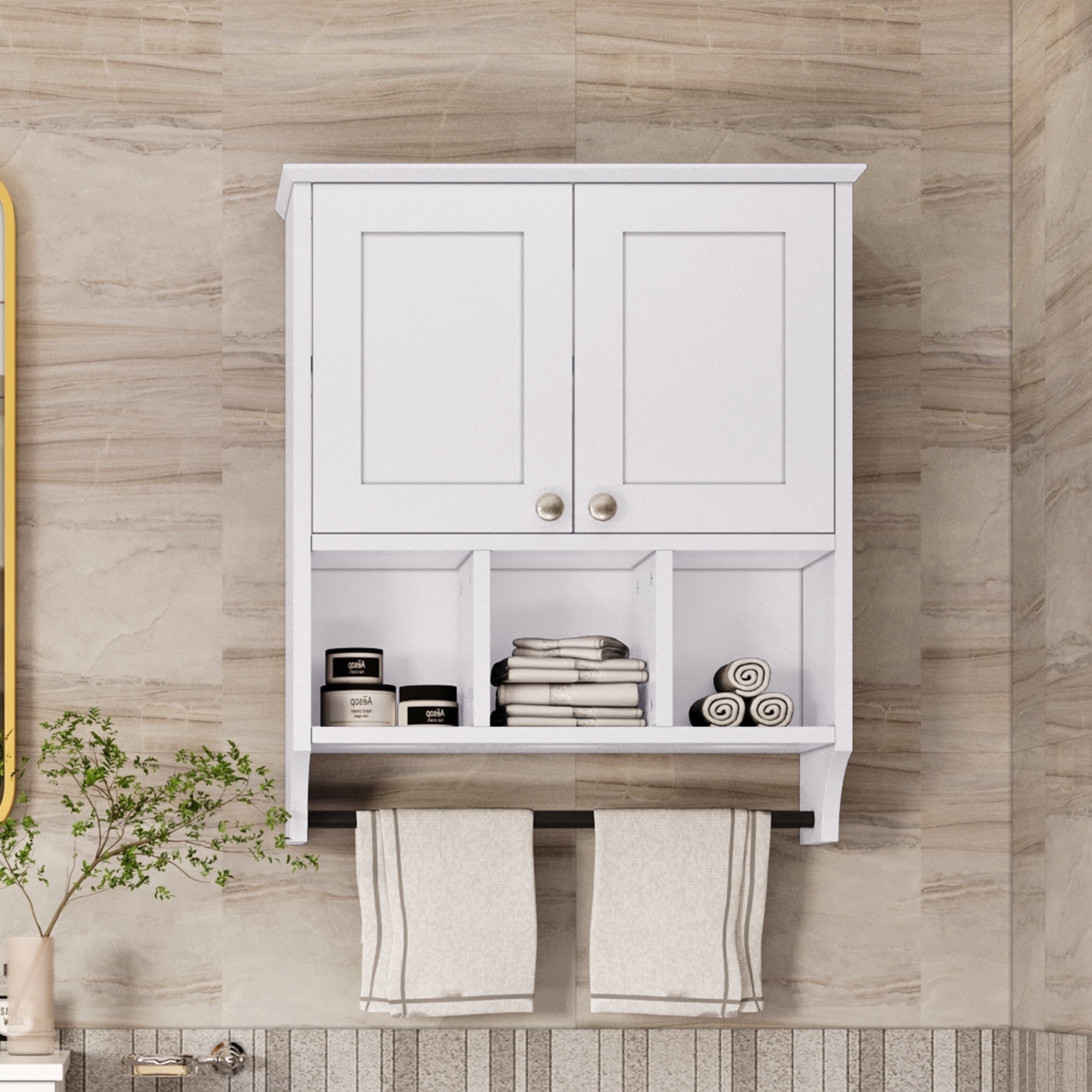 KZElegy Bathroom Wall Cabinet, Bathroom Medicine Cabinet Wall Mounted 2-Door with 3 Open Shelves, Over The Toilet Storage Cabinet with Towels Shelf,White