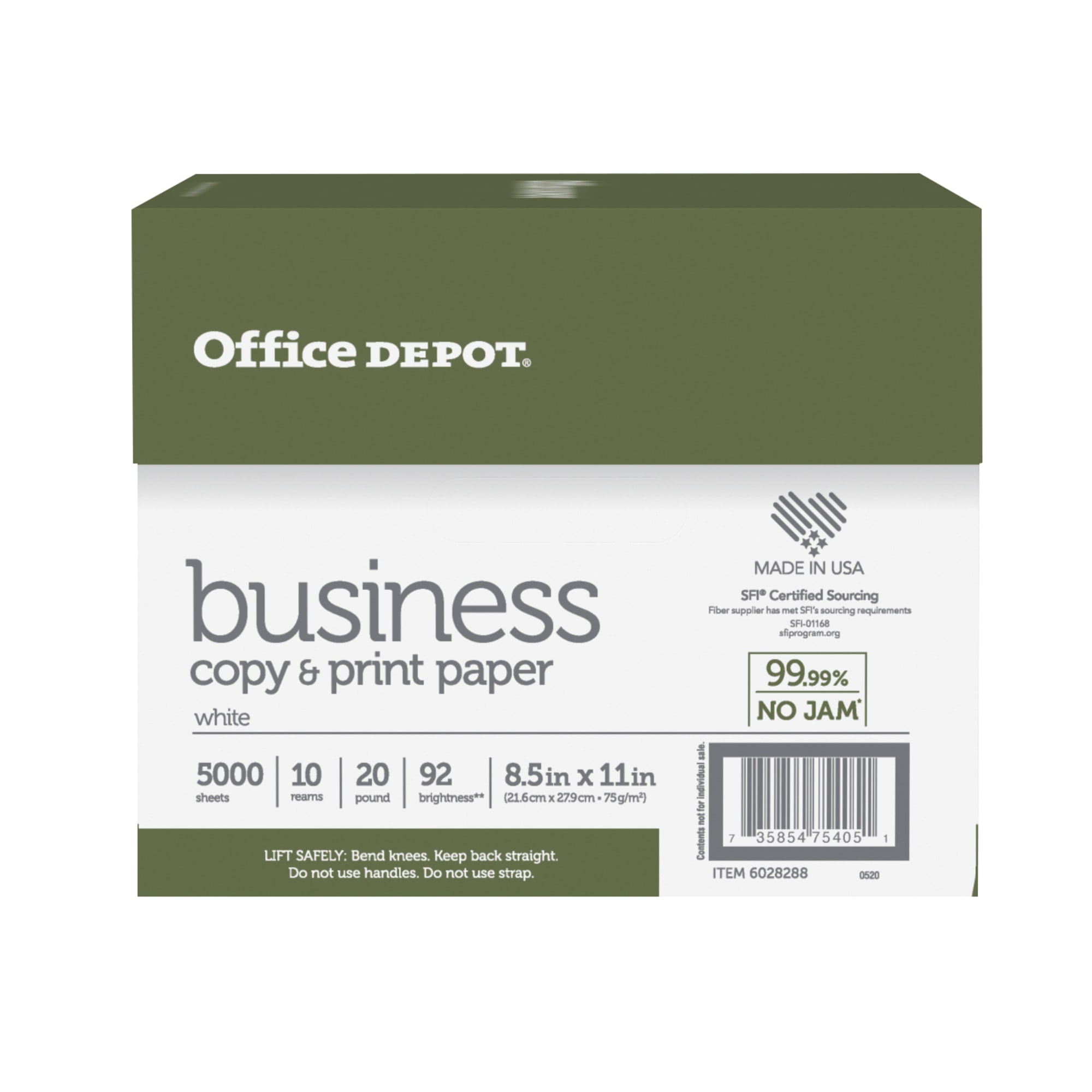 Office Depot® Business Multi-Use Printer & Copy Paper, 10 Reams, White, Letter (8.5" x 11"), 5000 Sheets Per Case, 20 Lb, 92 Brightness