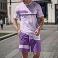 thumbnail image 2 of Sewkxo Men's 2 Piece Outfits Color Block Striped Print T Shirt and Shorts Set Casual Summer Tracksuit,Dark Purple 4XL, 2 of 7
