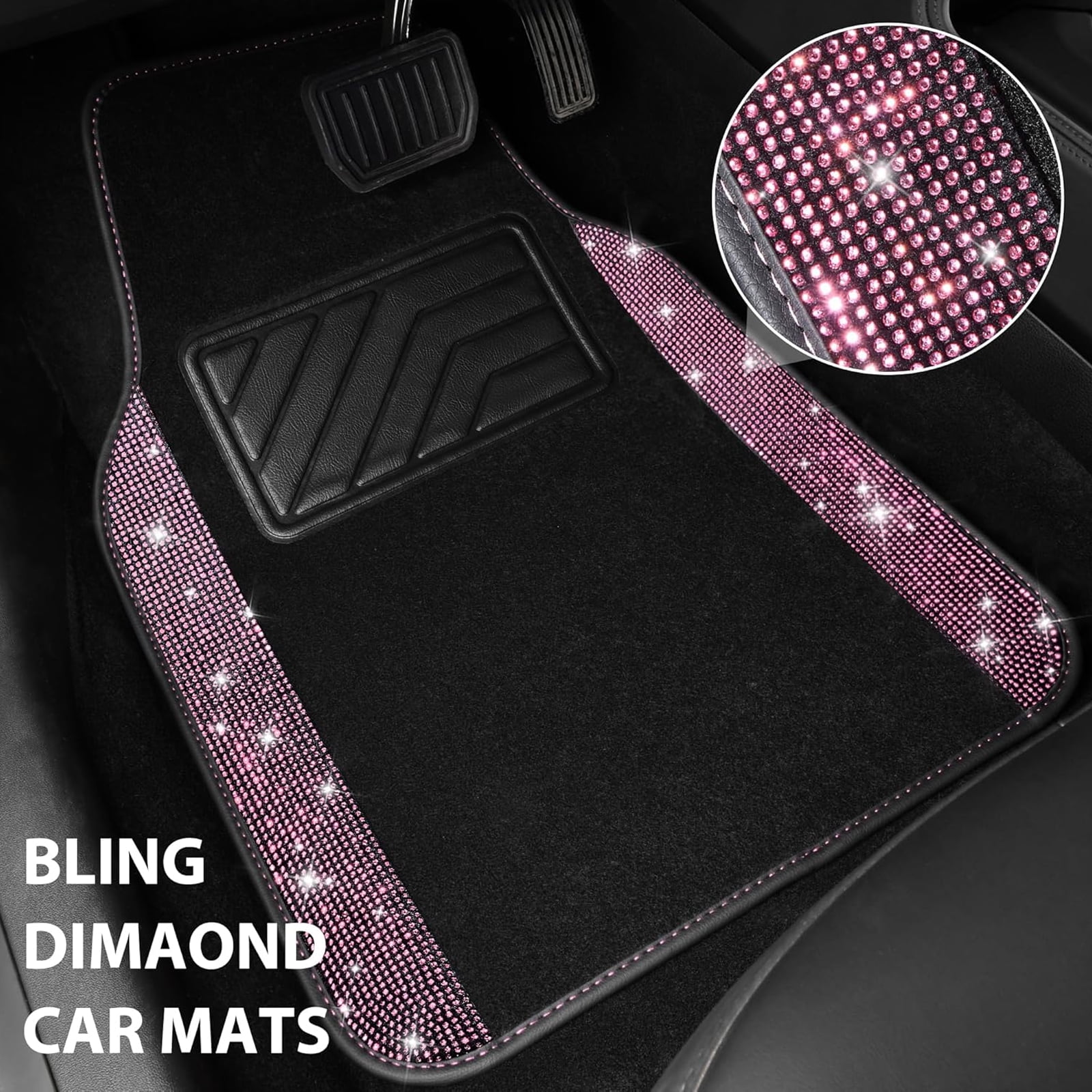 Car-Grand Bling Rhinestone Diamond car floor mats shining carpet sparkly glitter crytal with anti-slip heel waterproof universal fit cute girl women 4pcs Pink