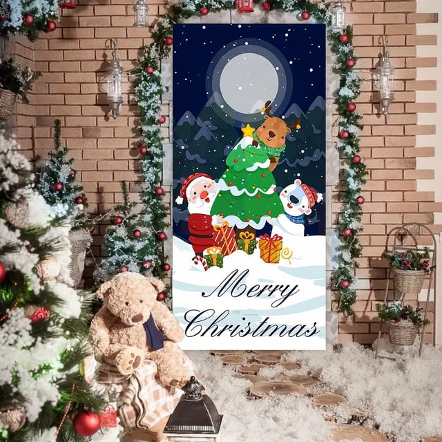 Hogar y cocina, Decoración del hogar, Decoración navideña, Cortina de puerta navideña con bandera para exteriores, foto de Papá Noel y cachorro, fondo decorativo, tela colgante, cortina de poliéster