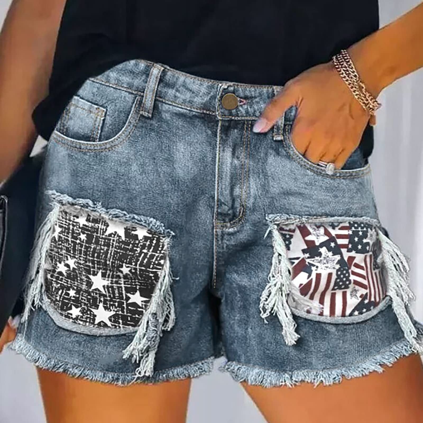 JIUKE Women's Ripped Denim Shorts Fourth of July American Flag High