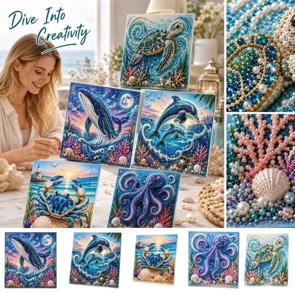 Ocean Theme Pearl Art DIY Kit, 3D Sparkling Coastal Wall Decor Craft for Adults & Teens, Beach Pearl Painting Gift, Style A