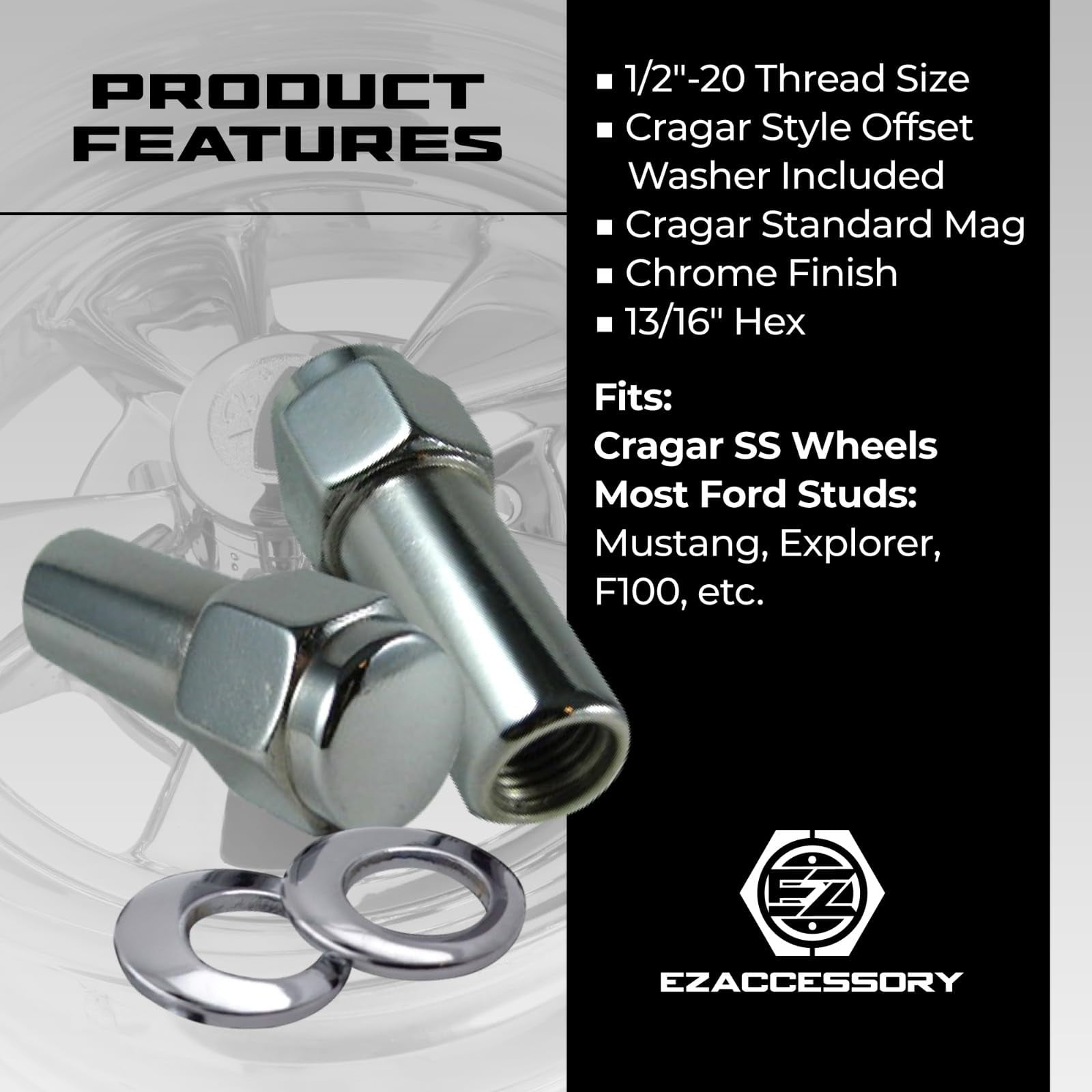 Cragar Standard Mag Lug Nut 1/2"-20 with Offset Washer Set of 20 Pcs