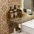 thumbnail image 4 of No Drill Bathroom Shelving Unit, Wall Mounted Toiletries Skin Care Storage Rack, Wrought Iron Hook Shelf for Bath Sponge Gold, 4 of 6