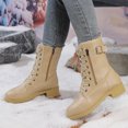 thumbnail image 4 of Lace up Winter Motorcycle Boots for Women Furry Lined Low Heel Side Zipper Mid Calf Combat Boots Waterproof Warm Snow Booties Brown Size 8.5, 4 of 8