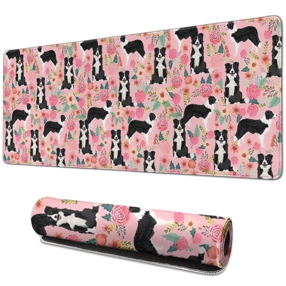 Long Mouse Pads for Desk,Pink Border Collie Dog and Flower Floral Desk Mats on Top Of Desks, Desk Mouse Pad Extra Large with 3mm Non-Slip Base and Stitched Edge for Gaming,Office,Work,Home 31.5"x11.8"
