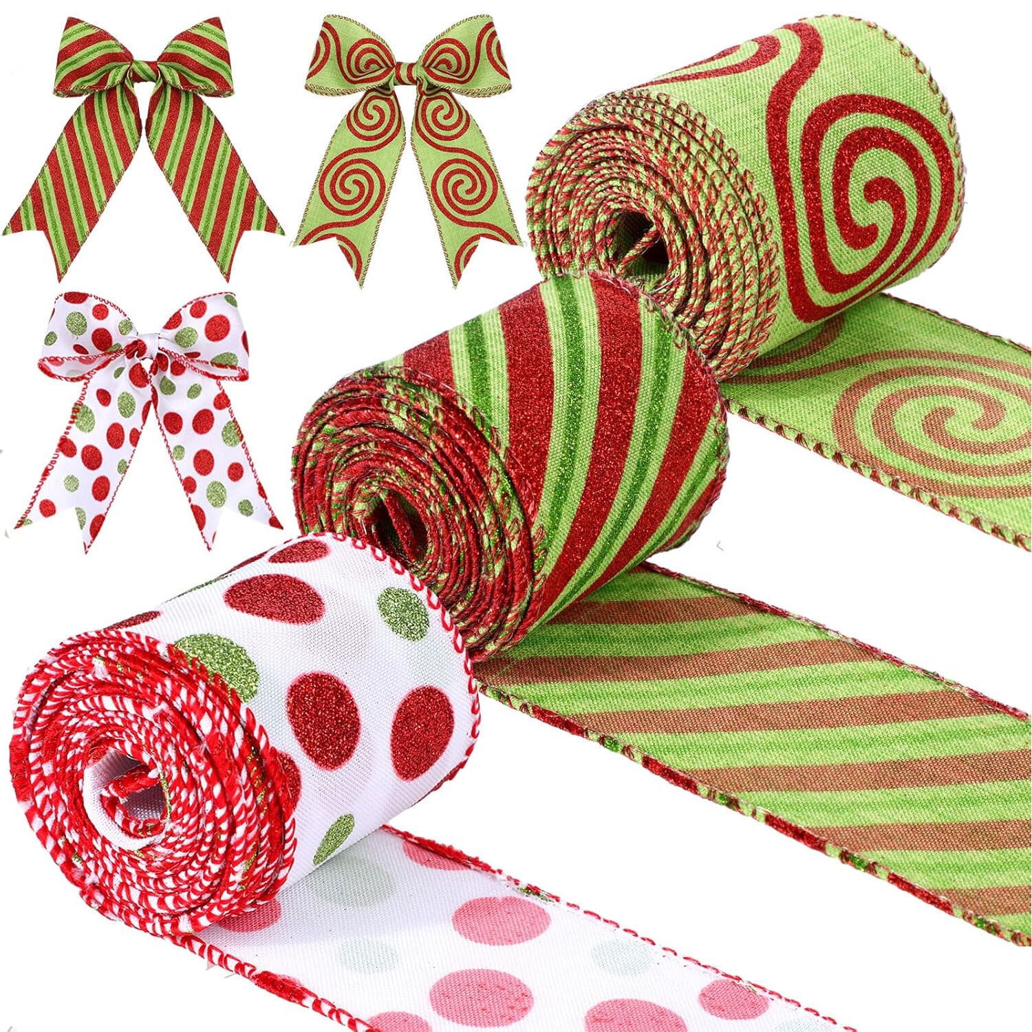5 Roll Christmas Ribbon Wired, 2.5 Inch Red and Green Christmas Ribbon for Wreaths Bows, Tree Garland DIY Xmas Crafts Christmas Decorations