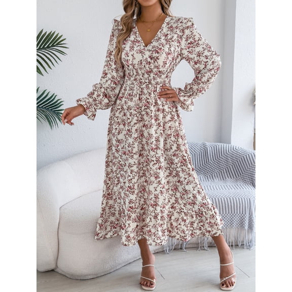 Elegant Floral Dress Woman 2025 Autumn Winter V Neck Long Flared Sleeves Ruffled Maxi Dress