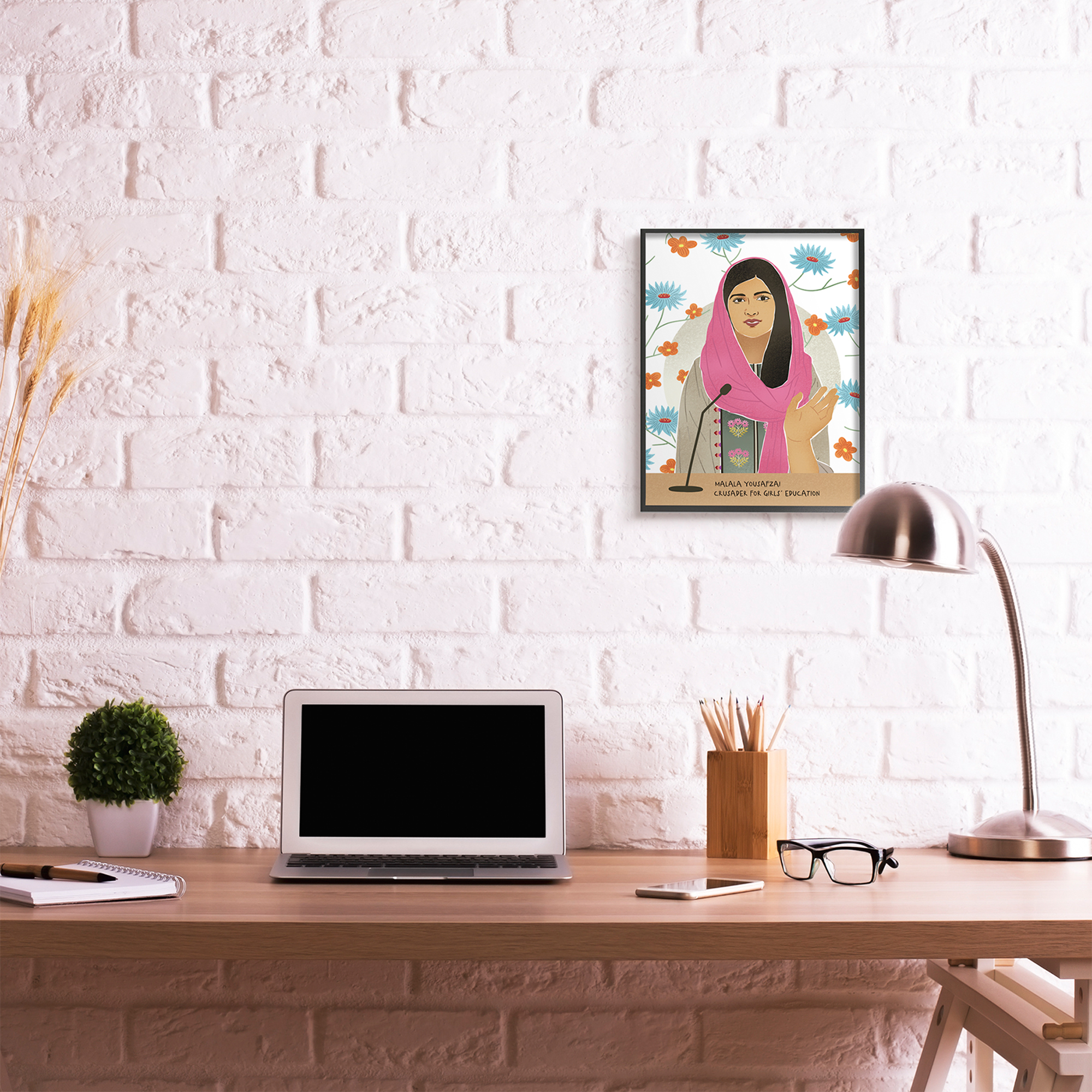 Stupell Industries Malala Speech Over Blue Orange Florals Female Icon Novelty Painting Black Framed Art Print Wall Art, 16 x 20