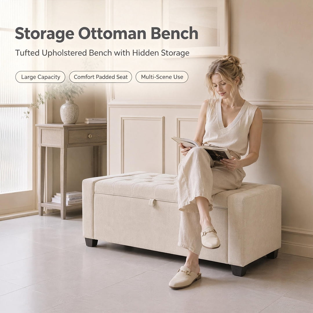 Storage Bench 43.3 Inch, Chenille Upholstered Ottoman Bench with Safety Hinge, End of Bed Storage Bench for Bedroom and Entryway, Beige
