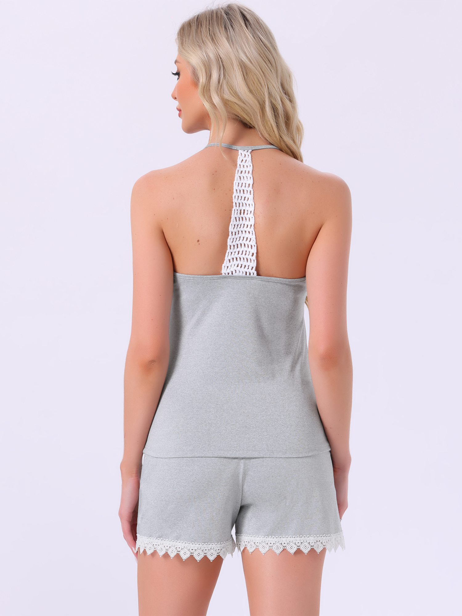 DARING DIVA Cami Pajamas Lace Trim V Neck 2 Pieces Sleepwear L Gray