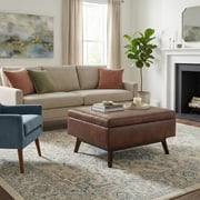 Simpli Home Owen Faux Leather Storage Coffee Table Ottoman in Saddle Brown
