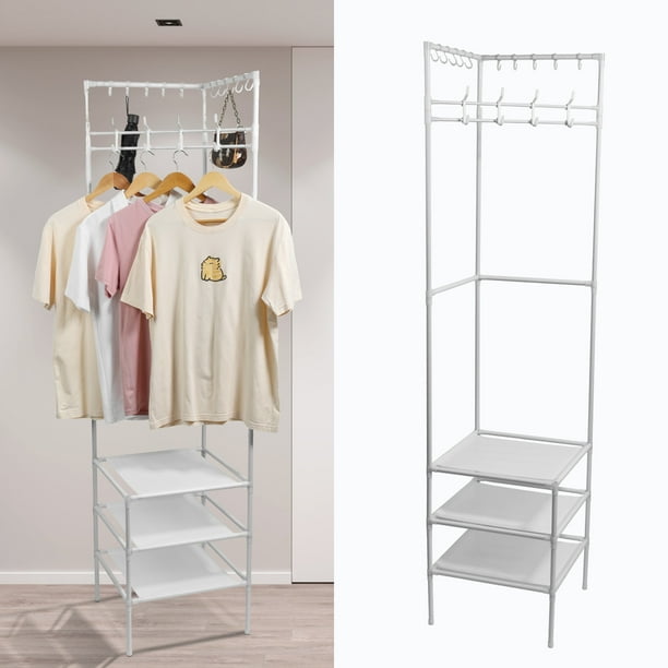 Corner Hall Tree Freestanding Coat Rack with 3 Tier Shoes Rack Storage and 10 Movable Hooks Metal Entryway Coat Rack Waterproof Corner Coat Rack Practical Entryway Corner Organizer Coat Rack for Home