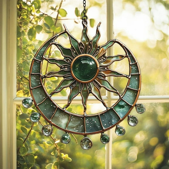 Green Celestial Acrylic Suncatcher – Crescent Moon Sunburst Faux Stained Glass Window Hanging, Boho Witchy Gift