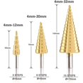 thumbnail image 2 of Broca para avellanador escalonado de metal HSS, 4 piezas de 4-12/20/32 mm, avellanador cónico triangular, hexágono, acero inoxidable, metal con revestimiento de titanio para acero/madera/latón/plásti, 2 of 5