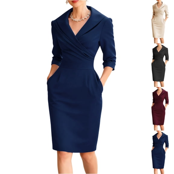 dgysar Women‘s 3/4 Sleeve Dress, V-Neck Wrap Style with Ties, Flattering for All Figures, Perfect Dress for Office, Dinner & Travel Black M