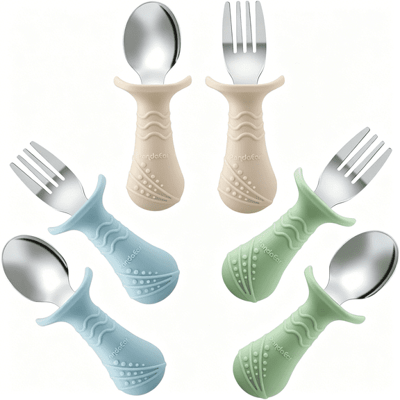 EXLEAF Baby Toddler Fork and Spoon Utensil Set,6 Pack Silicone Stainless Steel Silverware Spoon Fork for Babies Toddler,Bpa Free with Silicone Holding Anti-Choke Design(Green Blue Brown)