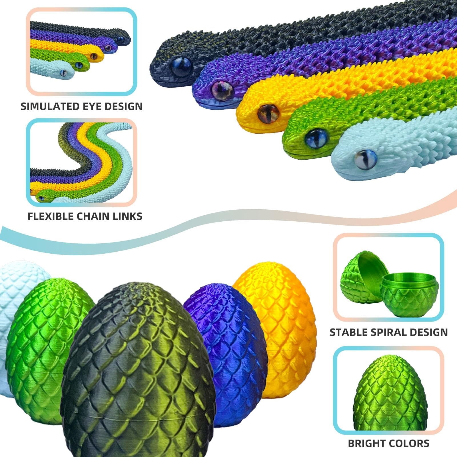5 Pieces 3D Printed Snake Egg Set Movable Snake Easter Egg Easter Gift Mystery Snake Egg Fidget