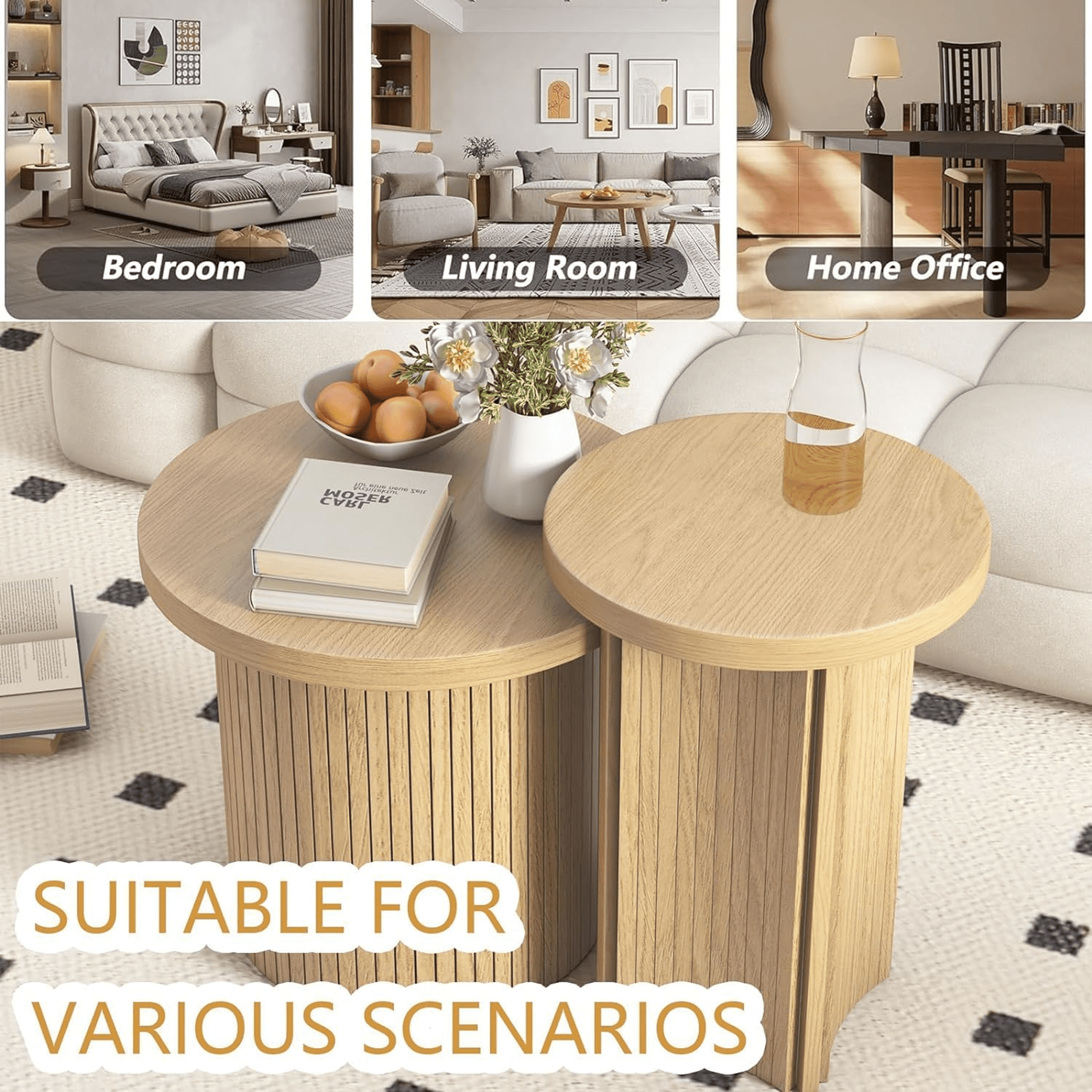 Oubayajia Modern Nesting Coffee Table Set of 2, Wood Round Table for Living Room Bedroom Balcony