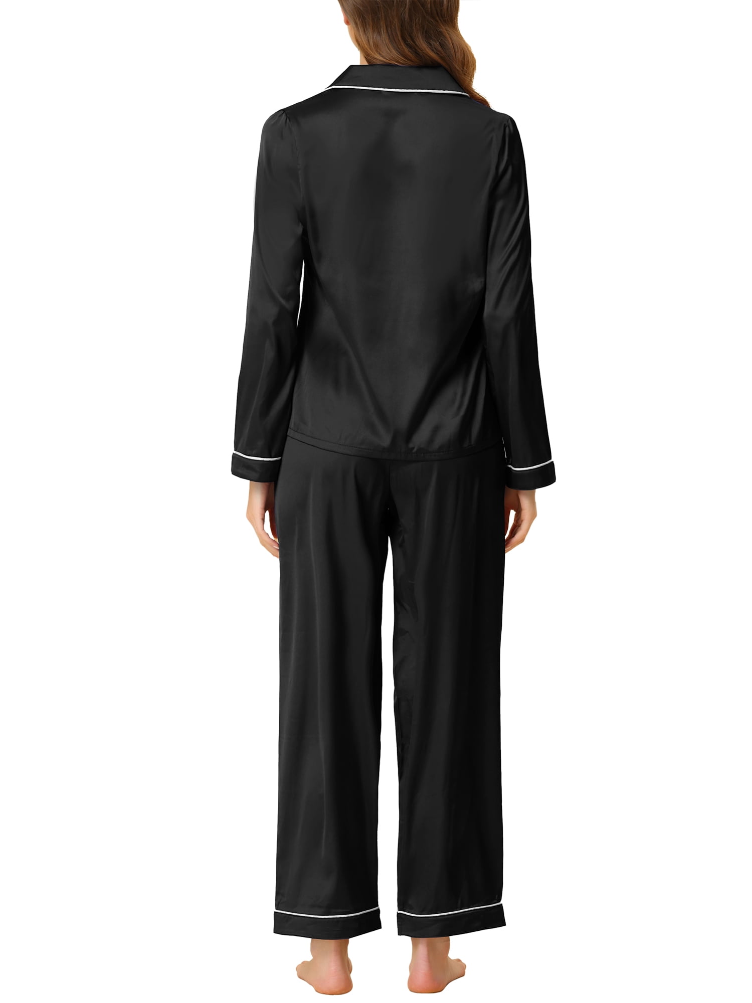 Unique Bargains Women's Pajama Loungewear Long Sleeves Tops and Pants Satin Sleepwear Sets