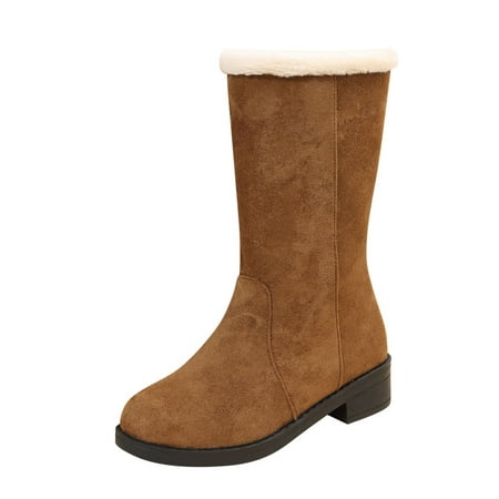 

Women Walking Shoes Ladies Fashion Solid Color Flock Chunky Heel Snow Boots Round Toe Warm Mid Cotton Boots Snow Boots for Women Flock Brown