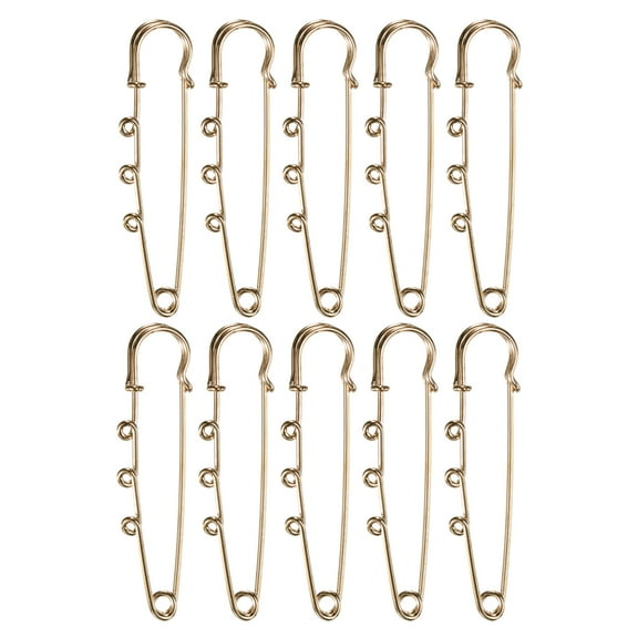 Uxcell 10 Pack Large Safety Pins, Brooch Pins with 3 Loops for DIY 2.56", Gold Tone