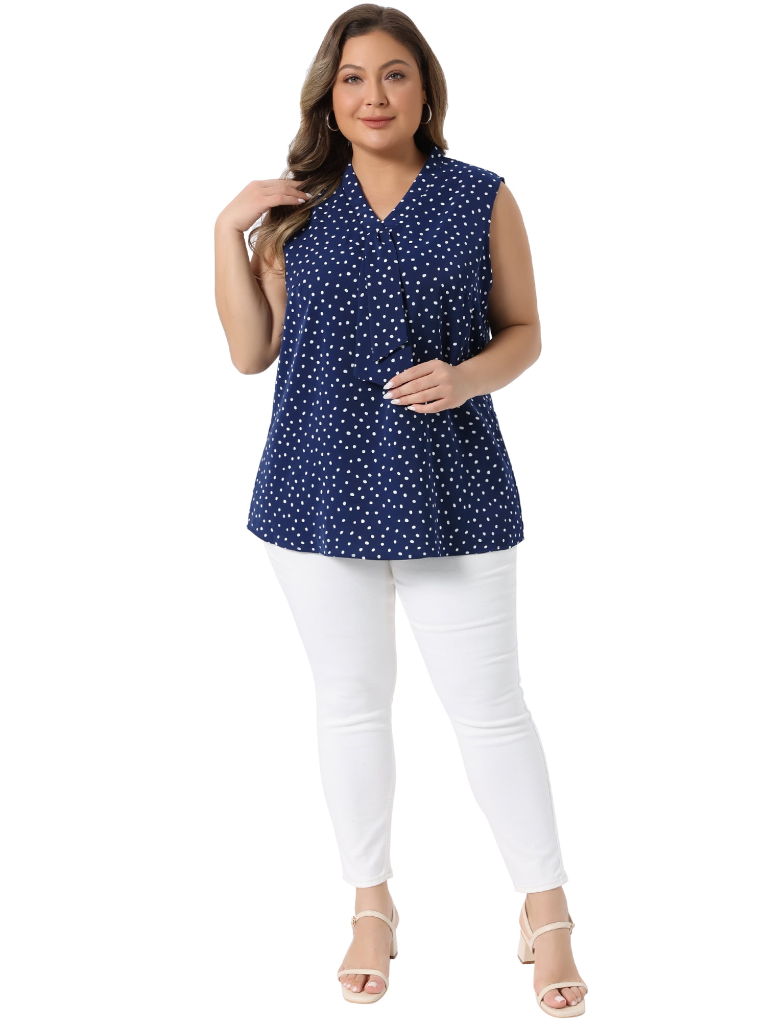 DARING DIVA Women's Plus Size Polka Dots V Neck Tie Neck Sleeveless Blouses 4X Dark Blue