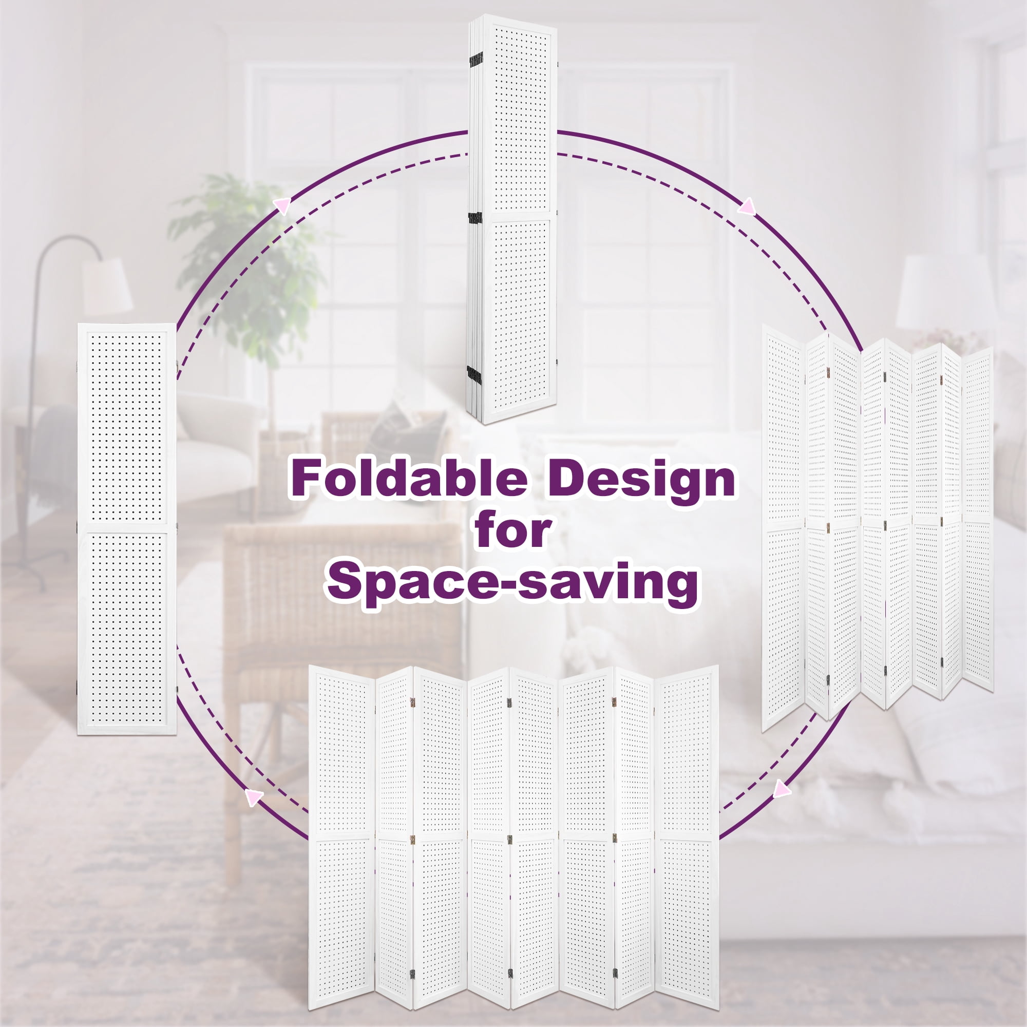 MAYEERTY 8 Panel Wood Pegboard Room Divider, Folding Privacy Screen with Hanging Storage for Bedroom & Office, 67" White
