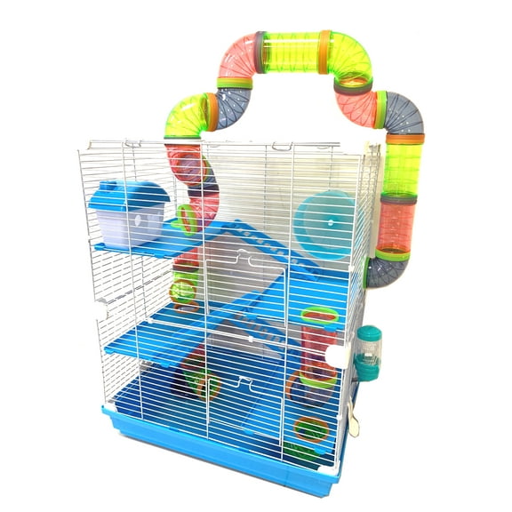 LARGE Multi-Floors Hamster Palace Mouse Cage Gerbil Habitat Home with Water Bottle, Food Bowl, Exercise Running Wheel, Hide House and Crossing Level Play Tubes