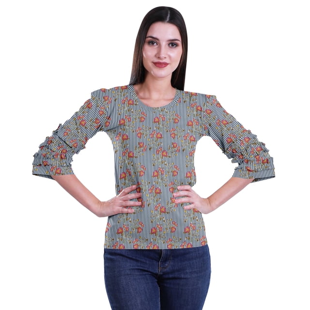 Moomaya T-Shirt Court pour Femmes en Coton Imprimé à Manches à Volants Grande Taille