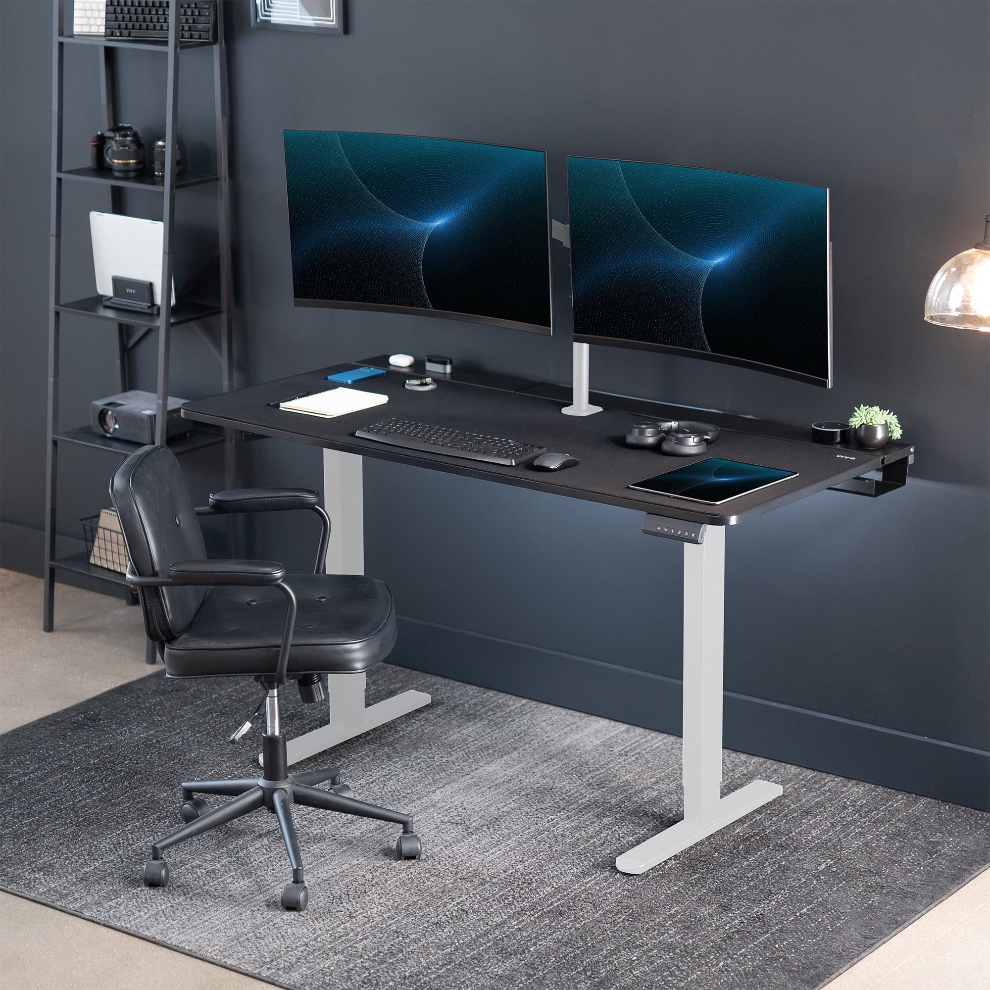 VIVO Electric 60" x 30" Desk, Full Pad, Black Hidden Cable Tabletop, White Frame