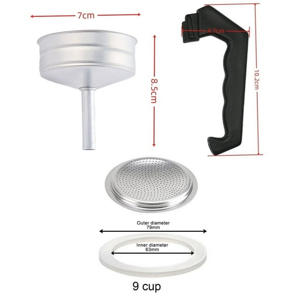 4Pcs/Set Mocha Pot Accessories Set Espresso Coffee Moka Pot Replacement Parts Handle,Gasket Seal,Funnel,Filter Coffeeware Tools