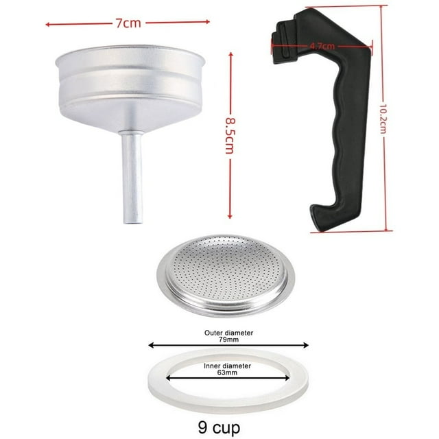 Pièces de Rechange pour Pot à Moka Espresso Poignée, Joint d'Étanchéité, Entonnoir, Filtre