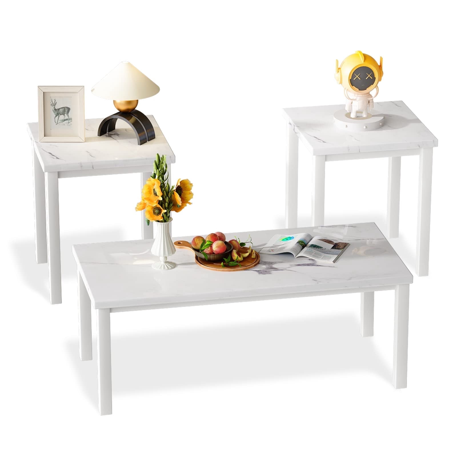 Baxluxe Marble coffee table set, modern style coffee table set of three, with two white marble side tables and a marble center table, suitable for living rooms and apartments, white