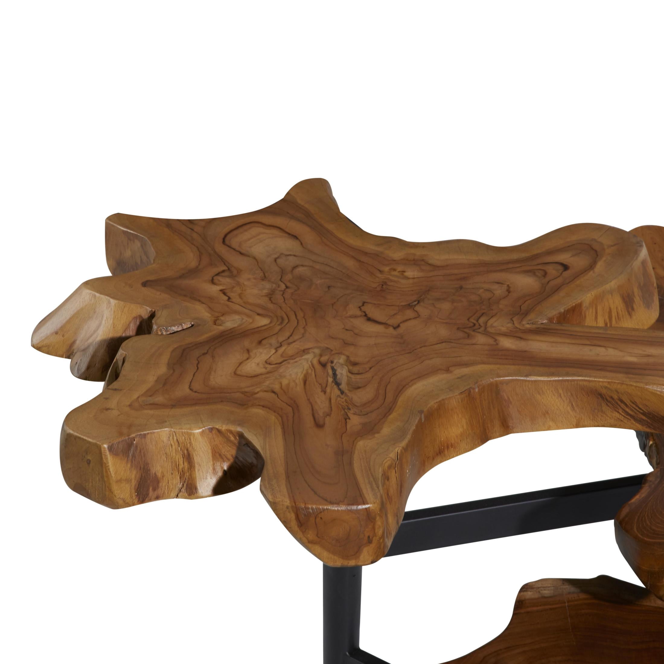 DecMode 32" x 24" Brown Teak Wood Handmade Live Edge 3 Tier Accent Table with Black Metal Base, 1-Piece