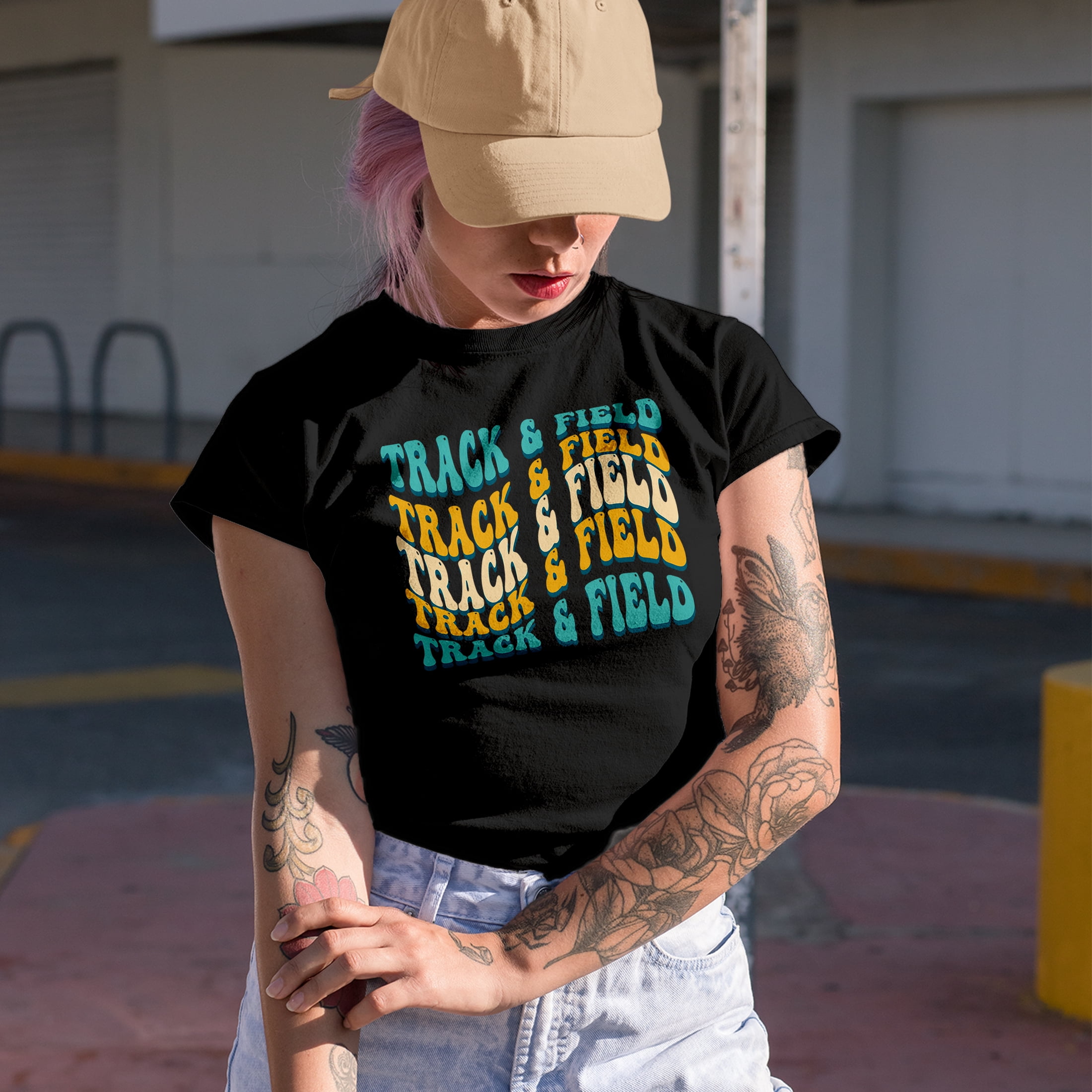 Track & Field, Athlete or Sports Themed, Groovy Retro Wavy Text Merch Gift, Black T-Shirt, 3XL