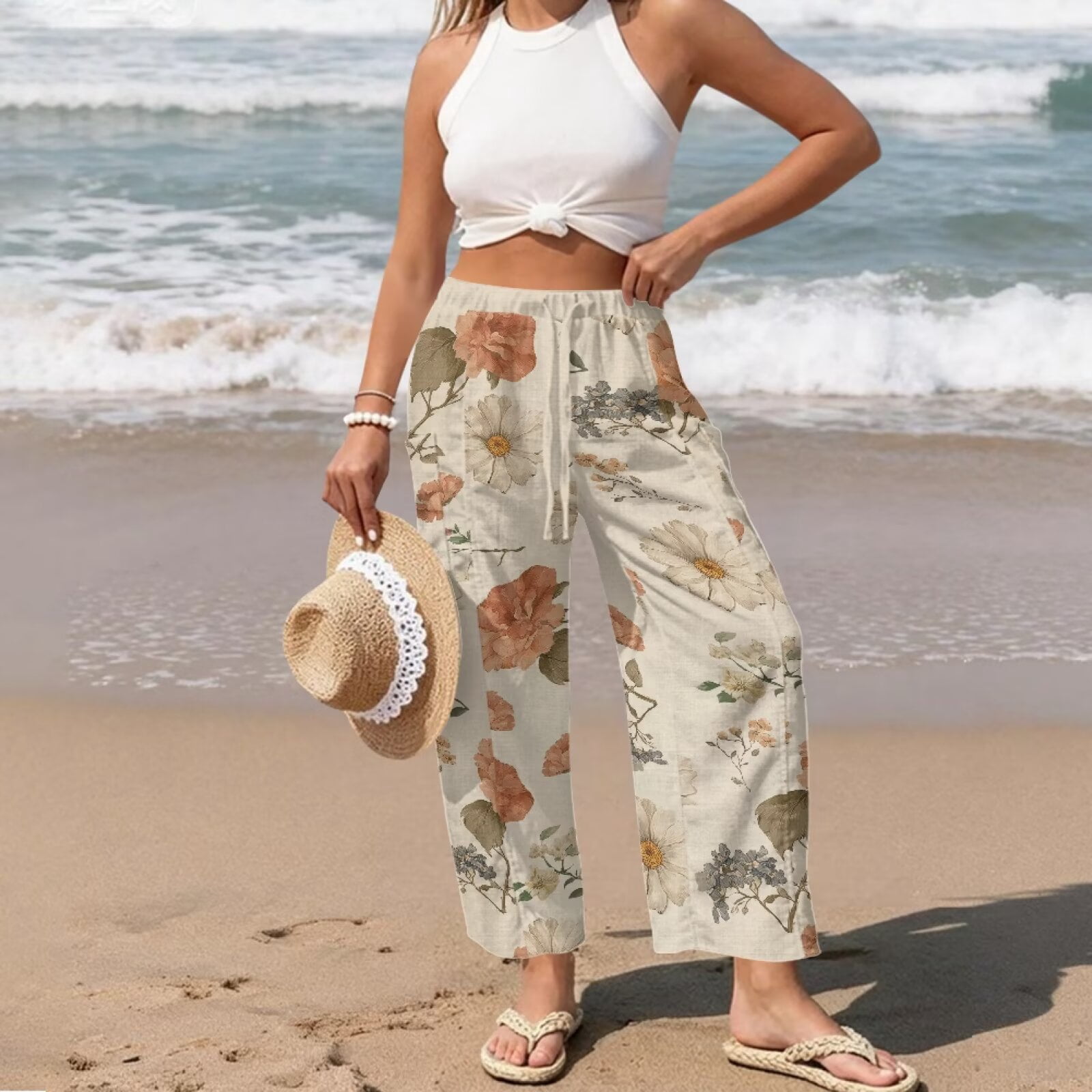 Yuyamidu Chinese Aesthetic Floral Linen Straight Leg Pants for Women Petite Cotton Casual Pants Comfy Straight Leg Travel Trousers Chinese Print Outfits, Size 5XL